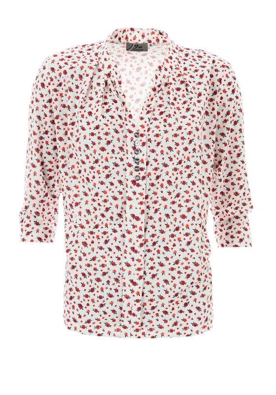 Leon Collection Rose Flower Buttoned Blouse Red & White