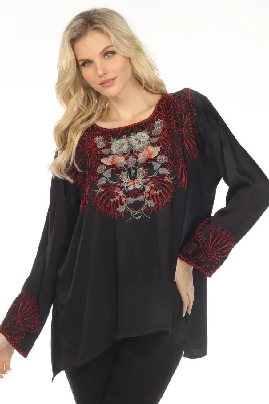 Johnny Was Biya Black Adira Satin Embroidered Blouse Boho Chic B10820B9