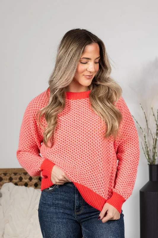 Coral Contrast Hem Waffle Knit Sweater