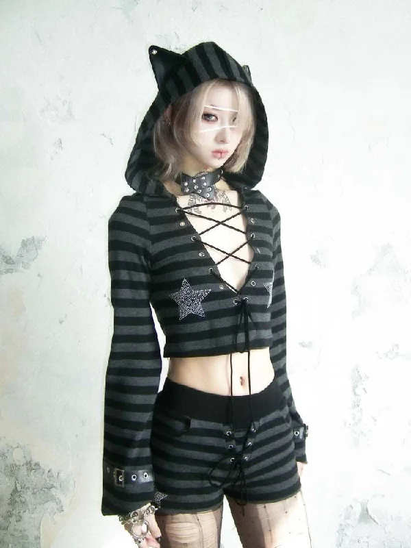 Cat Ears Border Lace Up Hoodie & Short Pants【s0000007895】