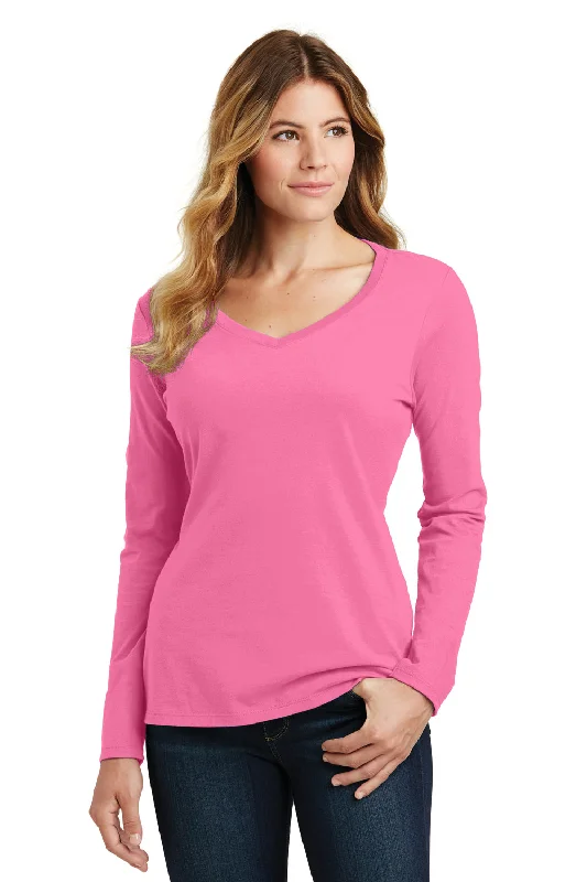 Port & Company Womens Fan Favorite Long Sleeve V-Neck T-Shirt - New Pink