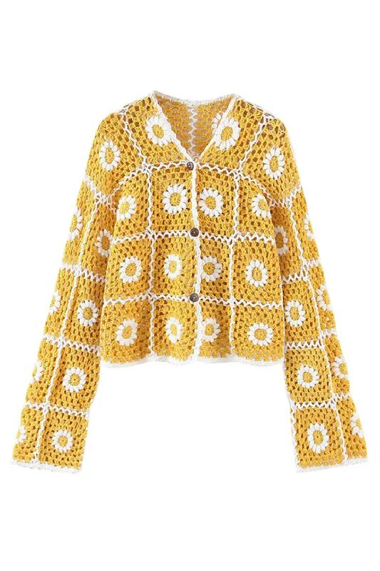 'Raquel' Sun Flower Crochet Hand-Knitted Cardigan