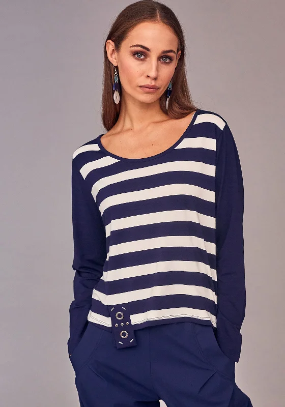 Naya Striped Long Sleeve Relaxed Top, Navy & White