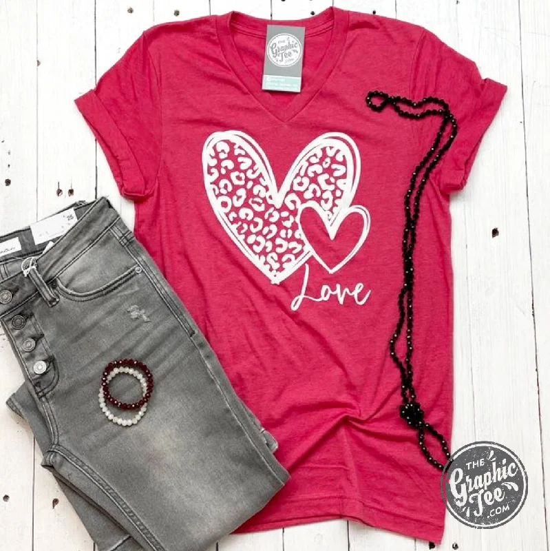 Cheetah Heart Love V Neck Short Sleeve Heather Red Tee