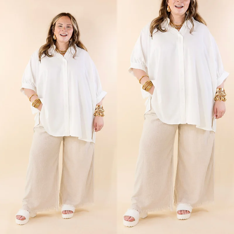 Right On Cue Elastic Waistband Cropped Pants with Frayed Hem in Beige