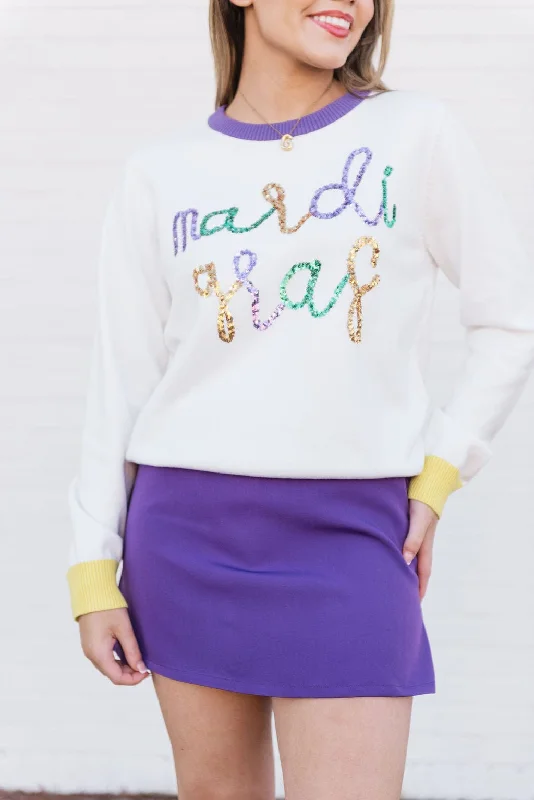 White Mardi Gras Sequin Sweater Top