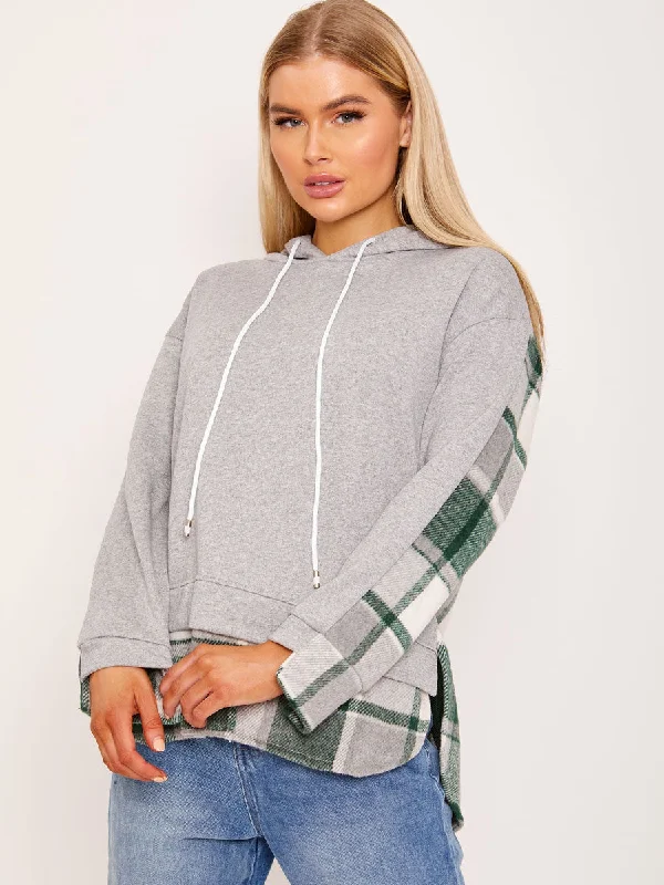 Polly Grey and Green Check Tartan Contrast Hoodie