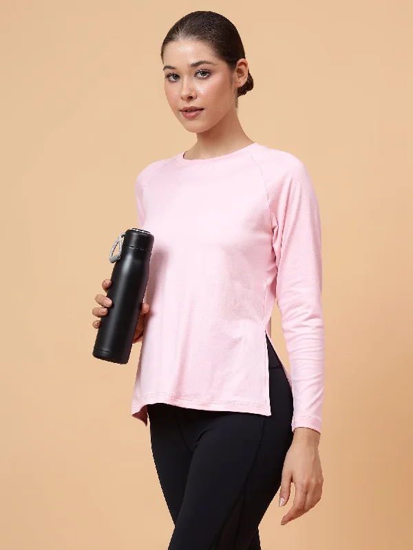 Fitkin Women Pink Long-sleeved Side Slit Tshirt