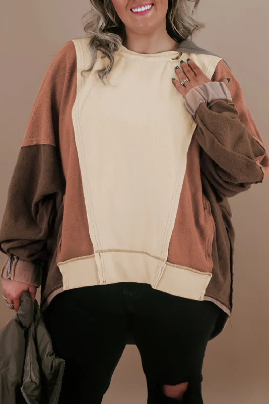 Brown Plus Size Exposed Seam Patchwork Sweatshirt