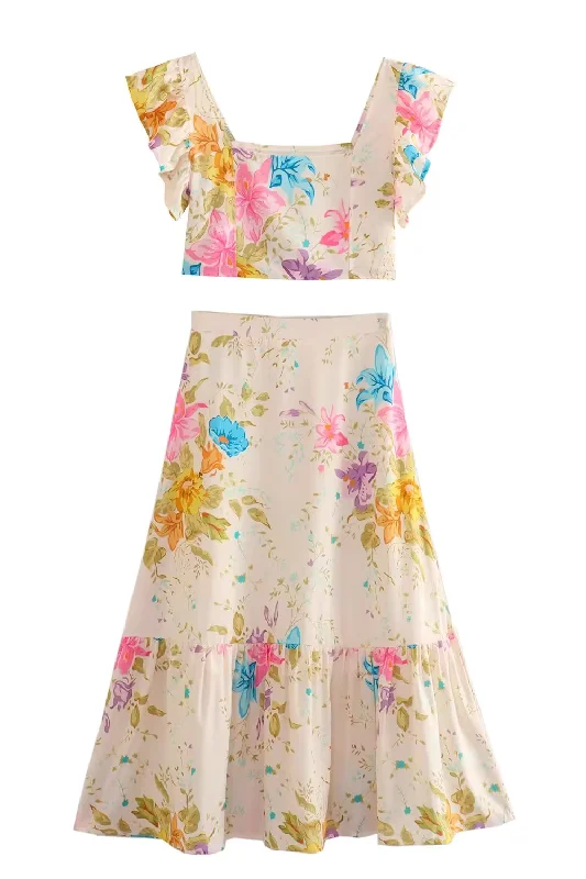 'Rylie' Floral Sleeveless Top & High-Waist Skirt Set