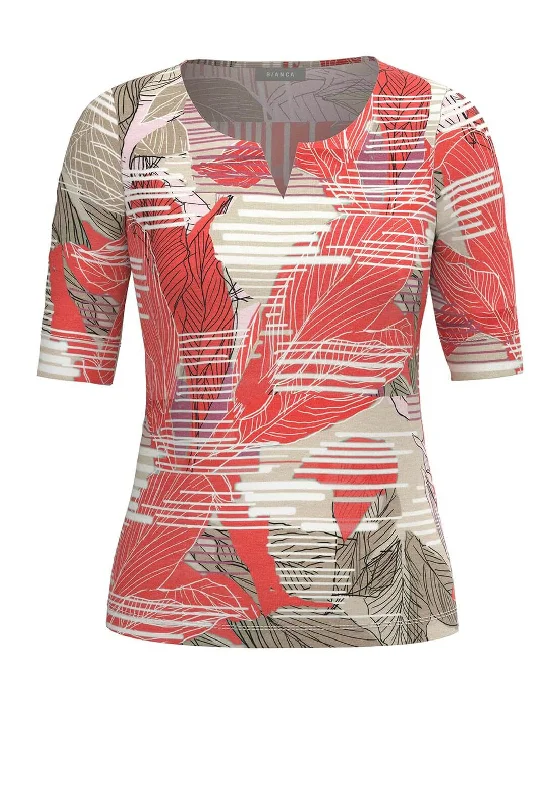 Bianca Paula Leaf Print T-Shirt, Red Multi