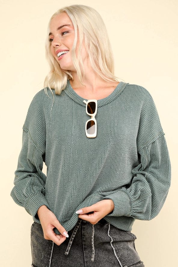 Hunter Green Oversized Ribbed Long Sleeve Top