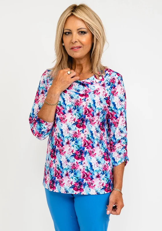 Leon Collection Floral Round Neckline Top, Pink Multi