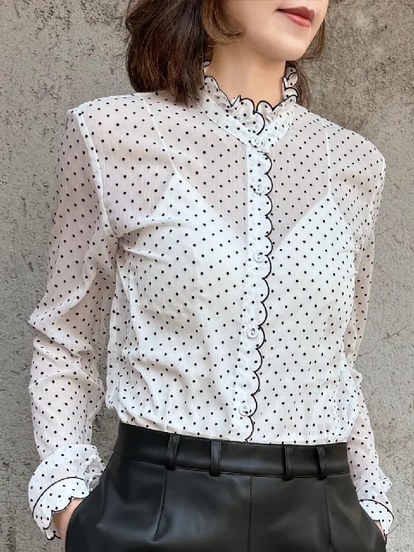 Polka Dot Contrast Scallop-Stitched Detail Airy Blouse