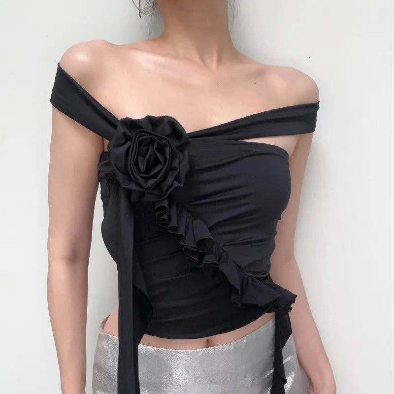 Gothic Aesthetic Off Crop Ruffles Backless Shoulder Flower Top