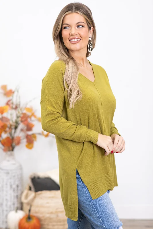 Light Olive V-Neck Lightweight Sweater