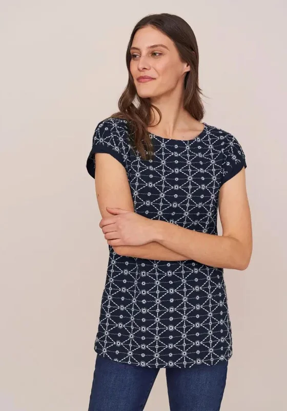 White Stuff Geo Embroidered Tunic Top, Navy & White