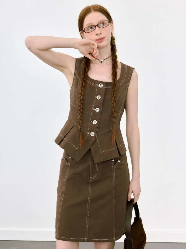 U-Neck Front Button Stitch Short Vest [s0000008080]