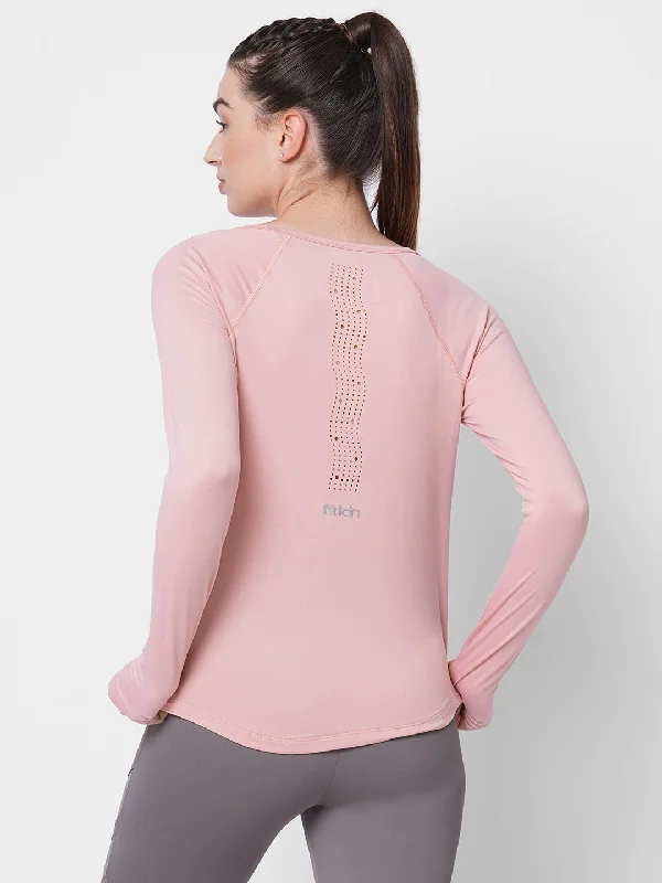 Fitkin women pink reglan sleeve back laser cut design tshirt