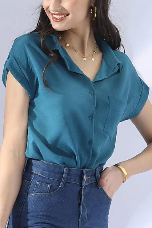 SINGLE BREASTED ROLLED SHORT SLEEVE BLOUSE SHIRT