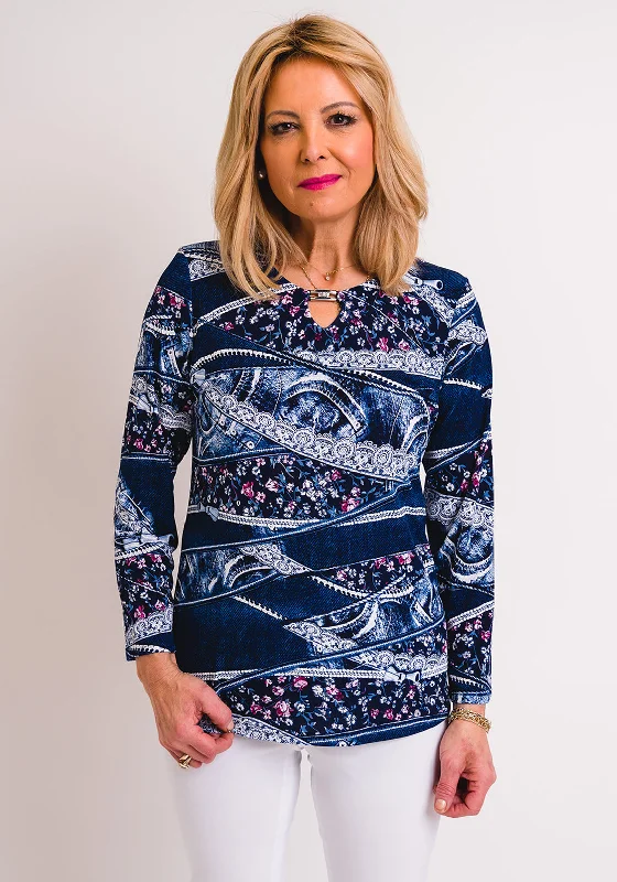 Leon Collection Denim Print Top, Navy