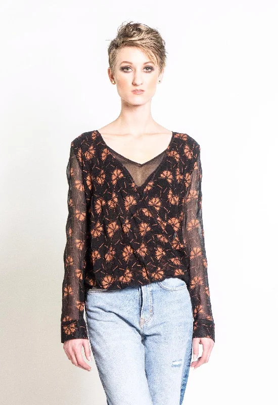 Wrap Blouse in Black & Copper Dancing Fans