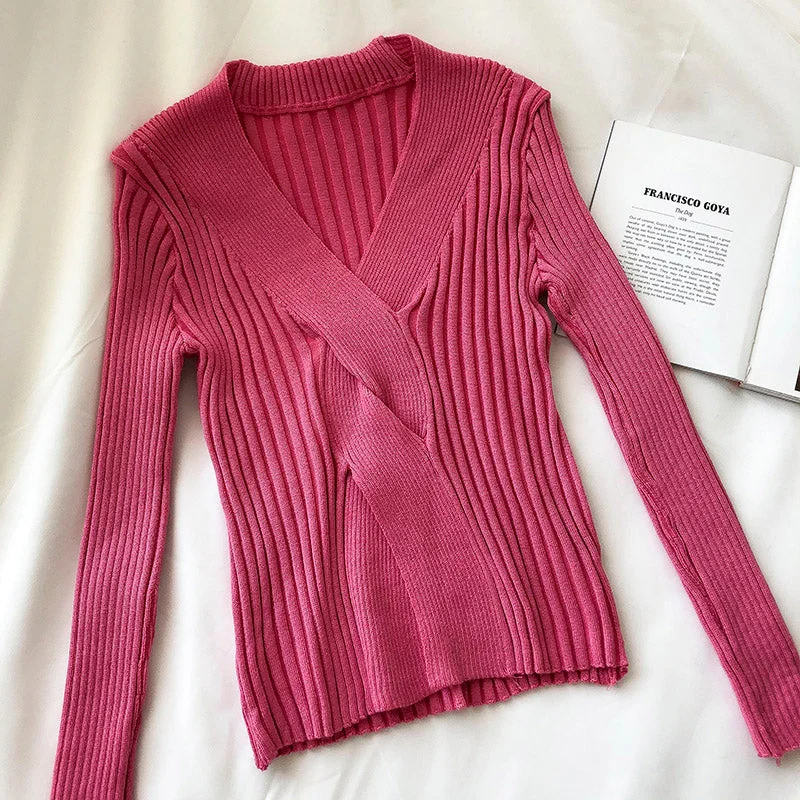 V-neck slim long sleeve slim fit net red pit strip sweater women  6501