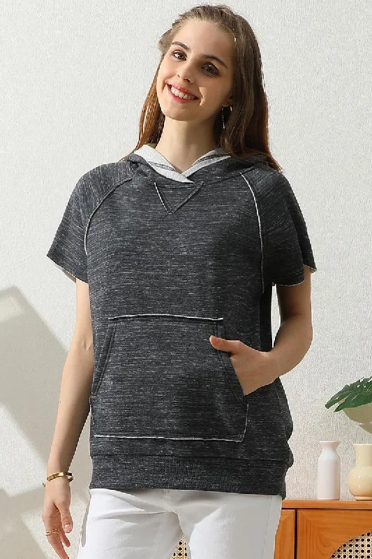 SHORT SLEEVE HOODIE SWEATSHIRT KANGAROO POCKET