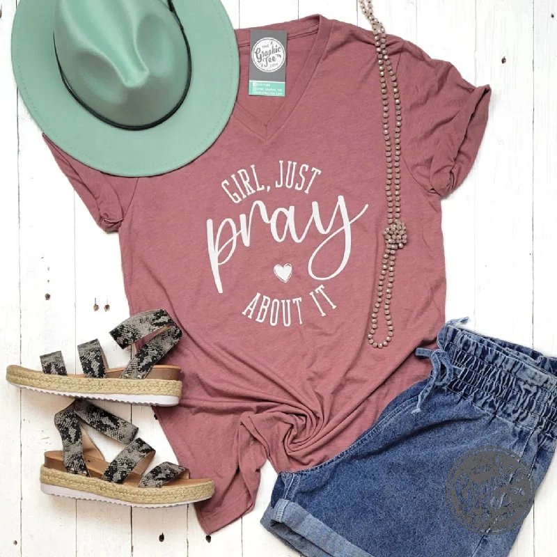 Girl Just Pray About It Heather Mauve Unisex V Neck Tee