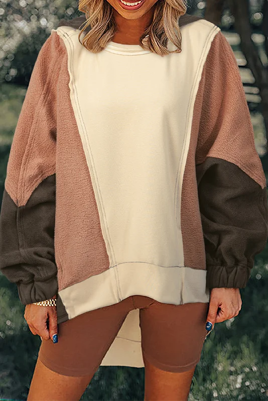 Beige Patchwork High Low Oversized Hoodie