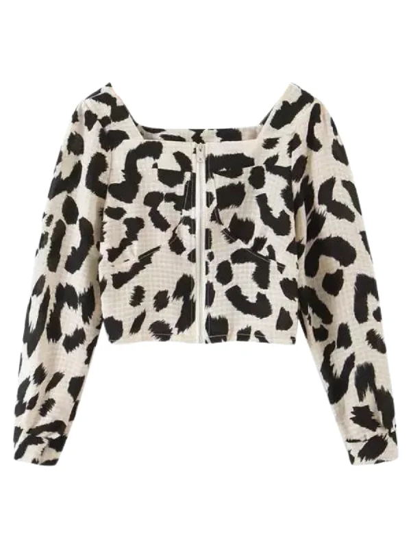 'Sheila' Checked Leopard Print Zip-up Top