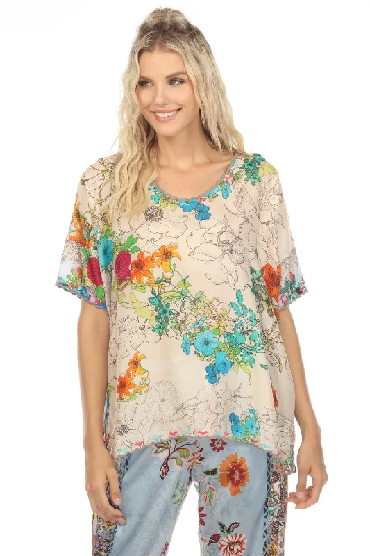 Johnny Was Sequence Halsey Silk Floral Short Sleeve Top Boho Chic C11023A2