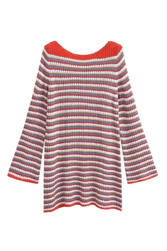 'Hannah' Bell Sleeves Stripe Knitted Long Sweater