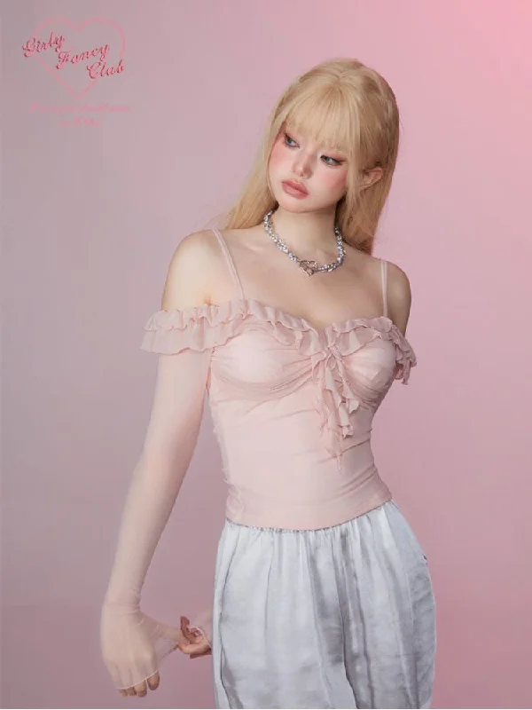 Pink Mesh Strapless Long Sleeve Ruffle Top【s0000007850】