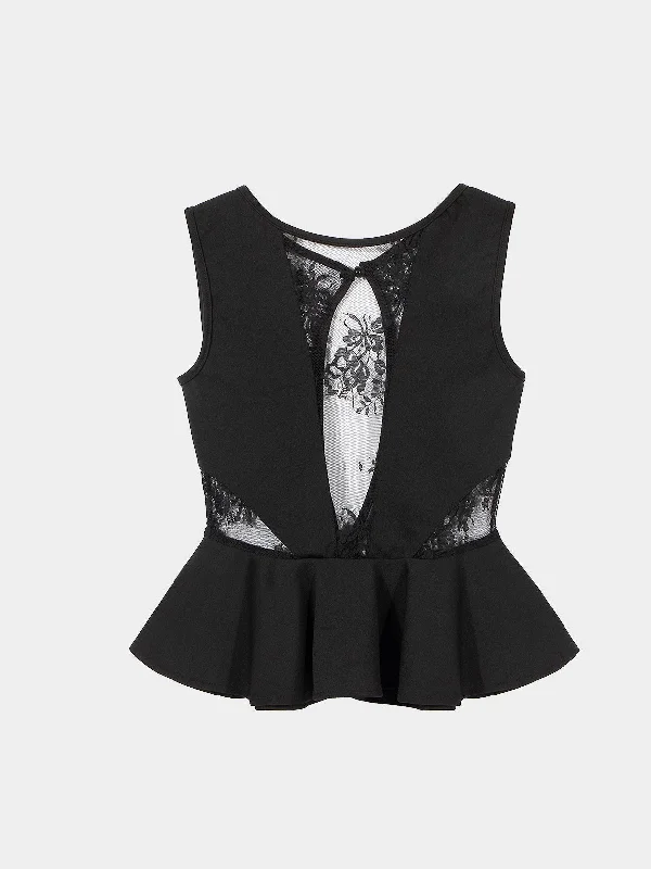 Custom Black Peplum Hem Top With Mesh Splicing