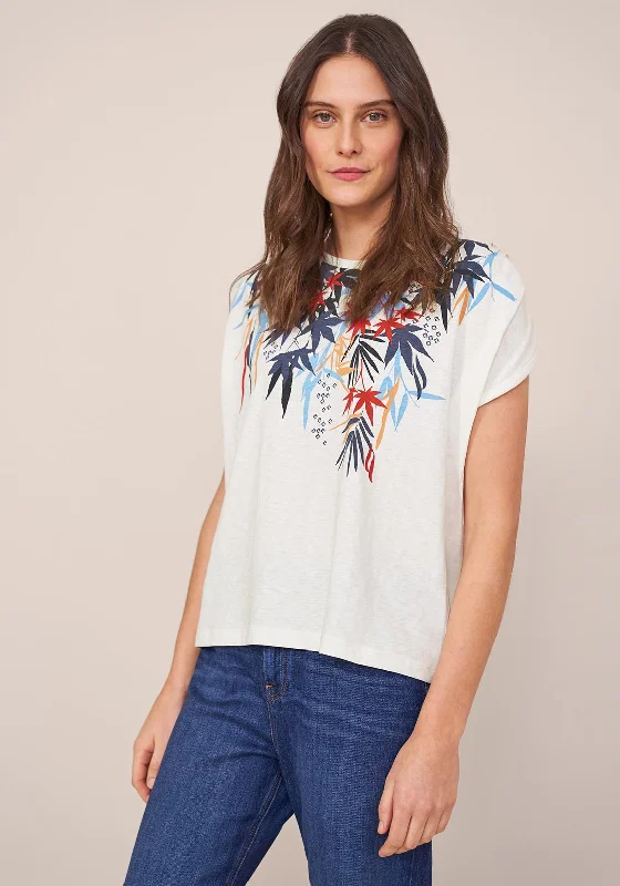 White Stuff Leaf Print Neckline T-Shirt, Blue Multi