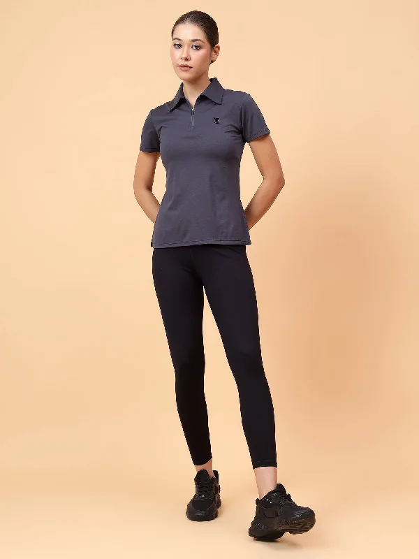 Fitkin Women Grey Front Zipper Polo Tshirt