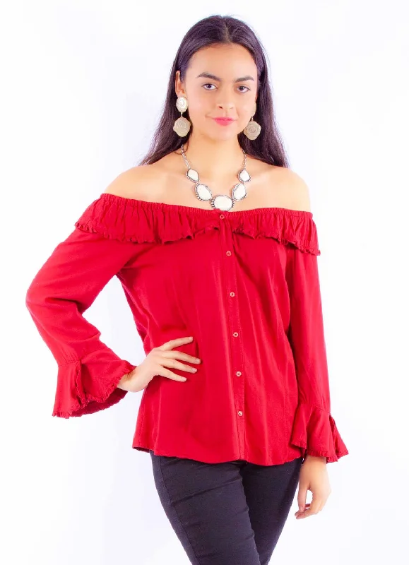 Scully Womens Drapey Silhouette Red 100% Rayon L/S Blouse