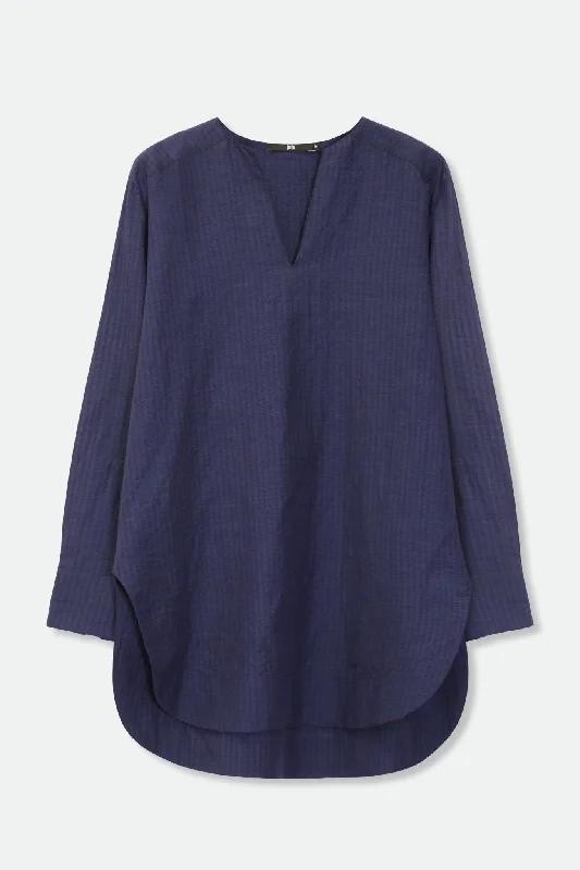 MARAKESH TUNIC SHIRT IN COTTON LINEN NAVY BLUE STRIPE