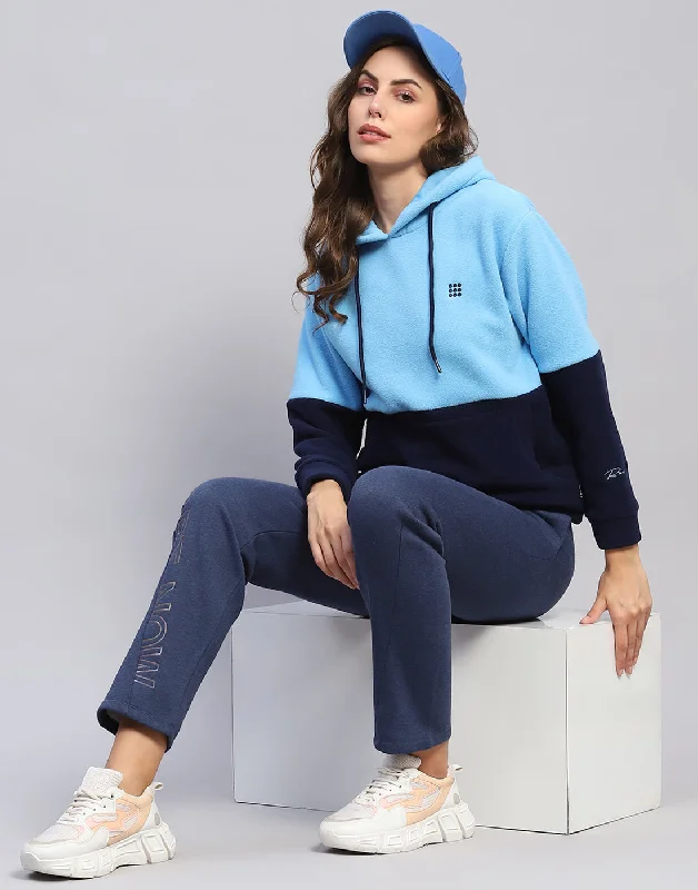 Women Blue Solid Hooded Full Sleeve Sweatshirt