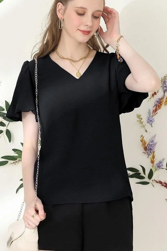 V NECK PUFF SHORT SLEEVE BLOUS FORMAL TUNIC TOP