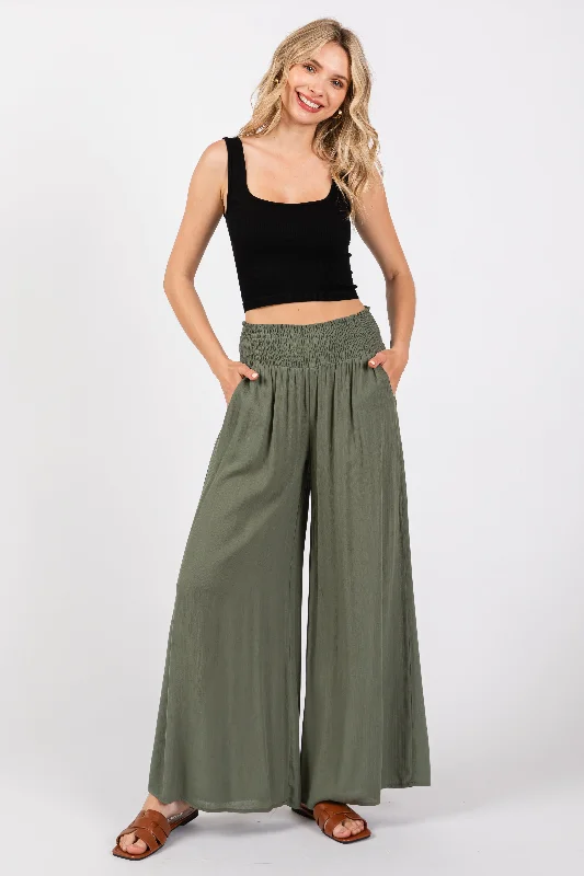 Olive Wide Smock Waist Pants