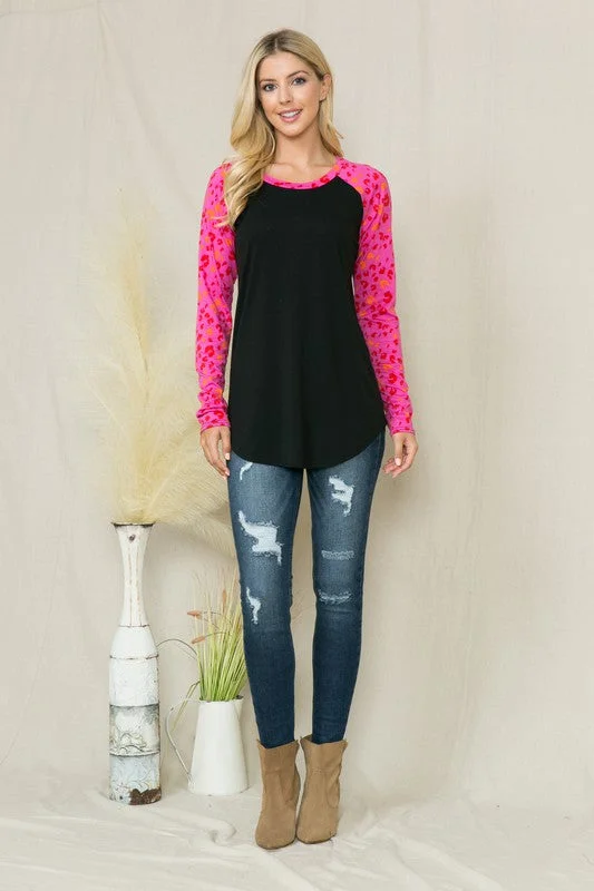 Solid Leopard Contrast Long Sleeve Top