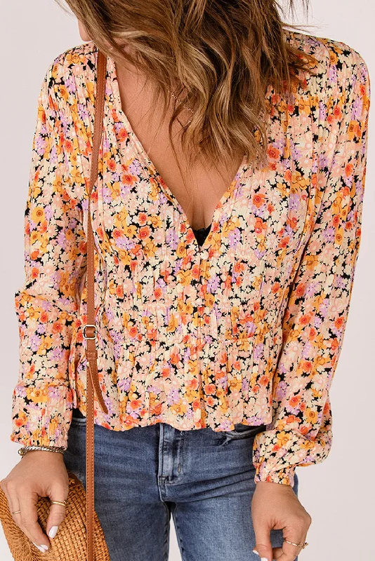 'Aria' Floral Buttoned Plunge Peplum Blouse