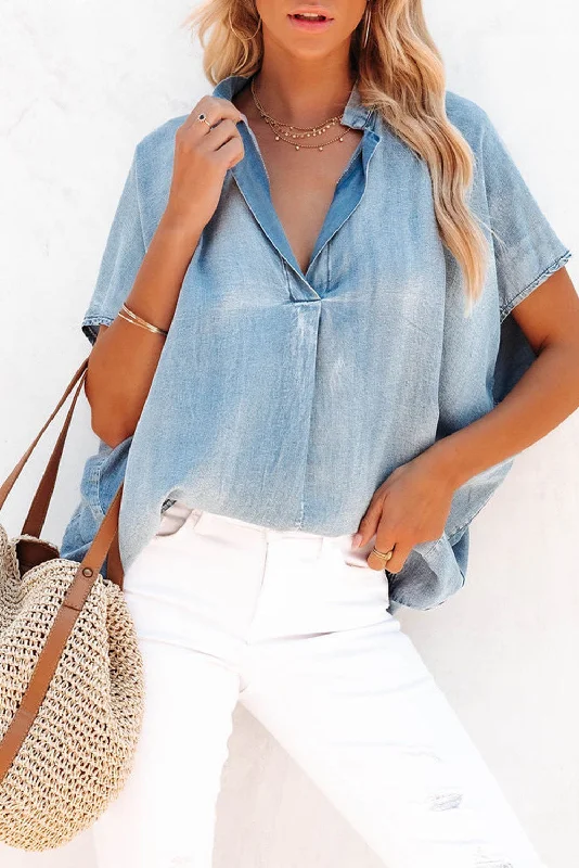 Split V Neck Oversized Denim Blouse