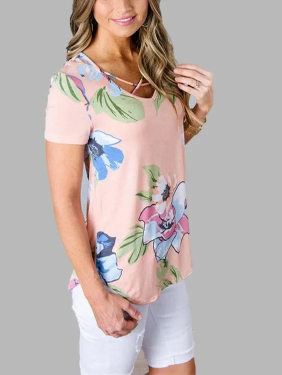 Custom Round Neck Floral Print Crossed Front Short Sleeve T-Shirts