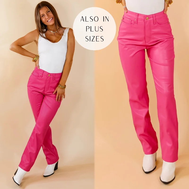 Judy Blue | Let's Go Party Faux Leather Tummy Control Straight Leg Pants in Hot Pink