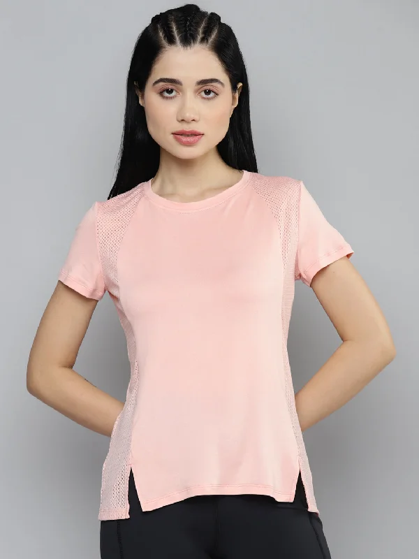 Fitkin Women Pink Solid Side Mesh Detail T-shirt