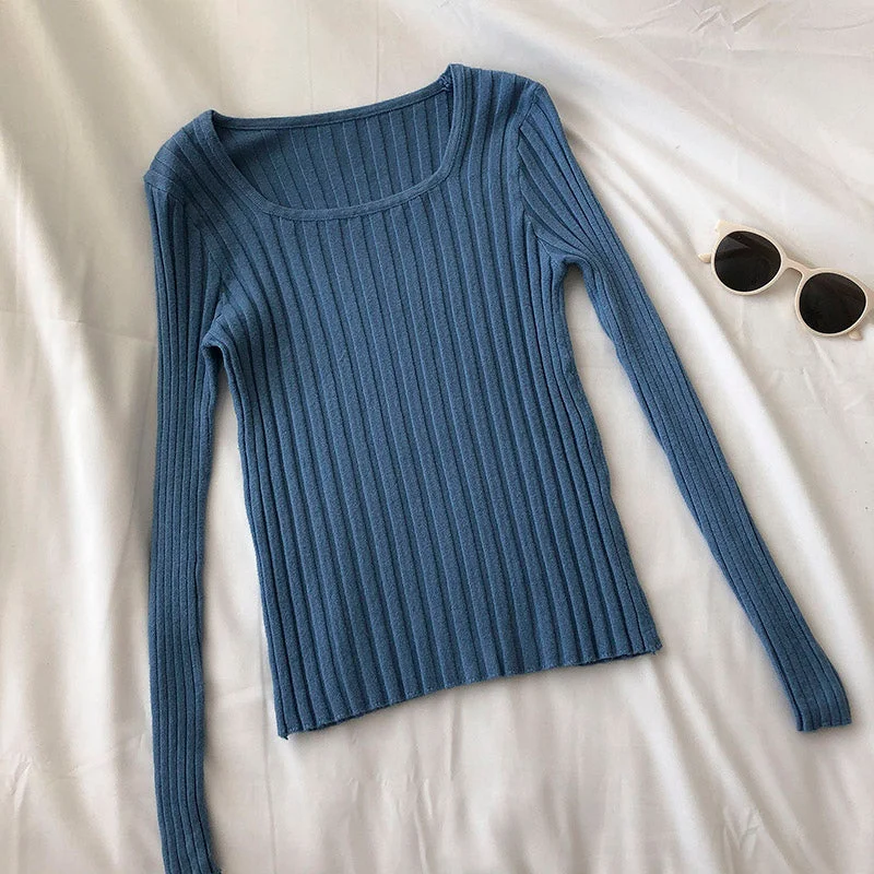 Versatile solid slim slim long sleeve pit stripe T-shirt  6479