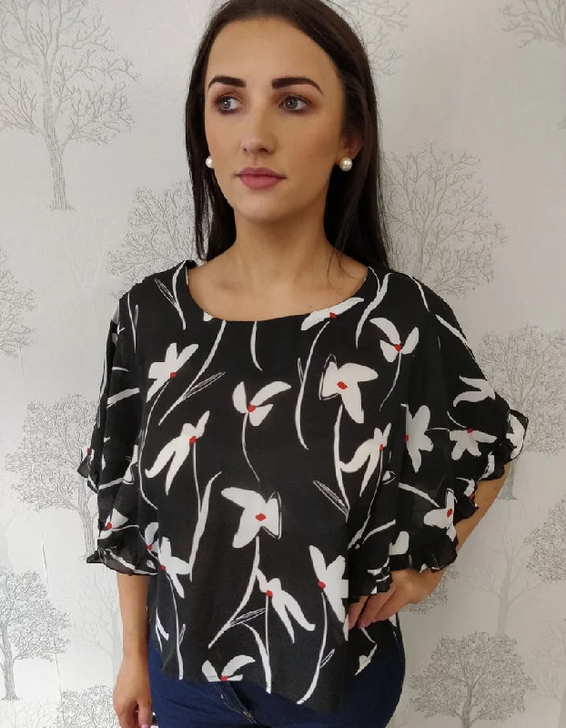 Milan Black Floral Frilled Sleeve Blouse